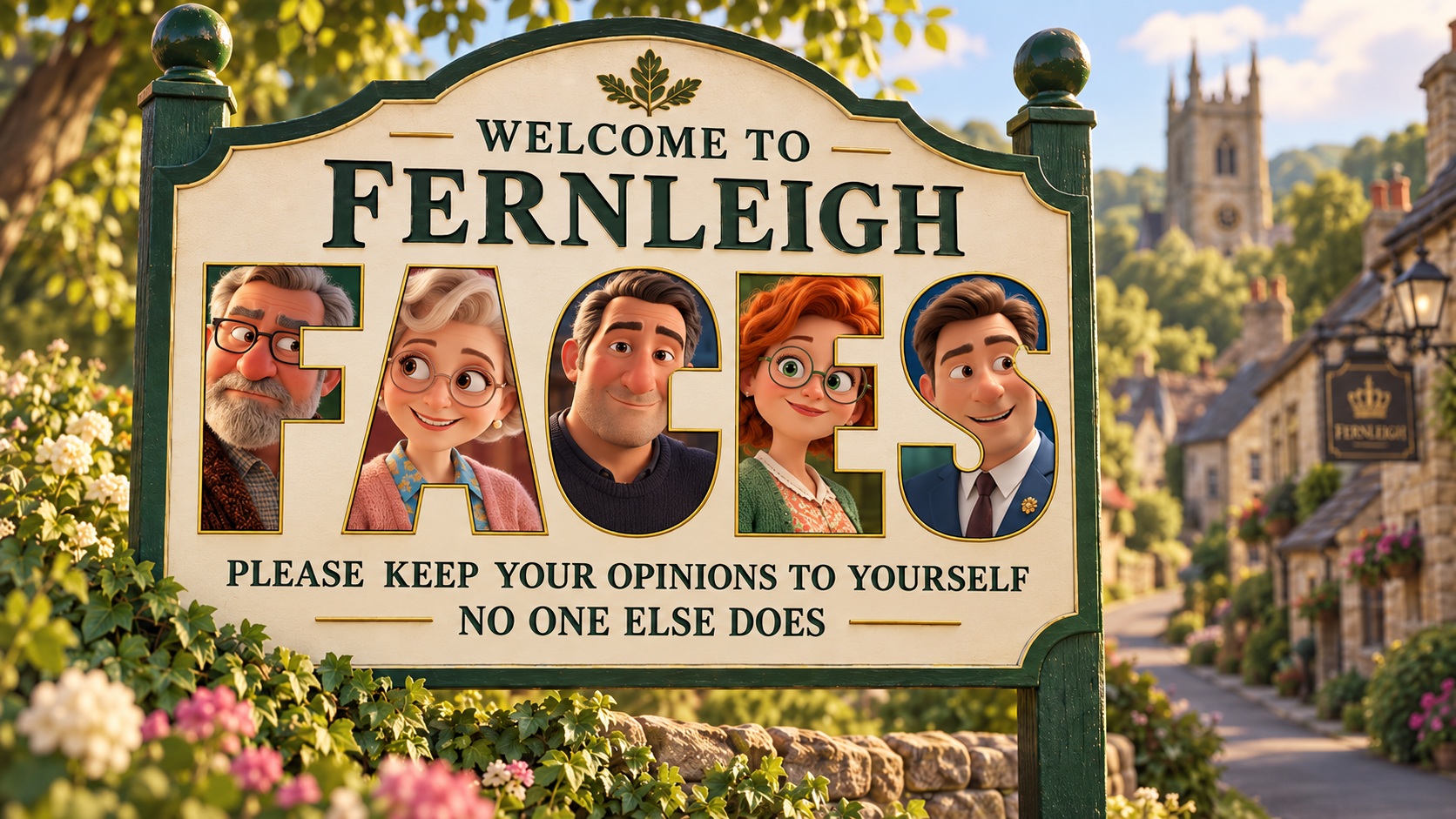Fernleigh Faces artwork: five villagers within the letters of FACES on a village sign that reads, Please keep your opinions to yourself. No one else does
