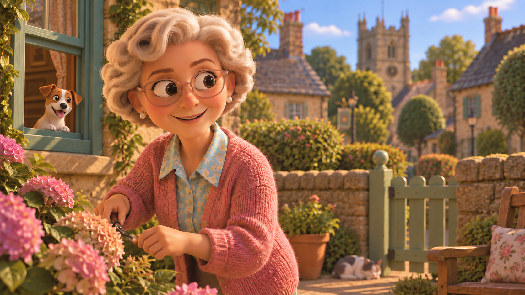 Susan Meadows tending flowers in her Fernleigh garden, with a Jack Russell at the open cottage window